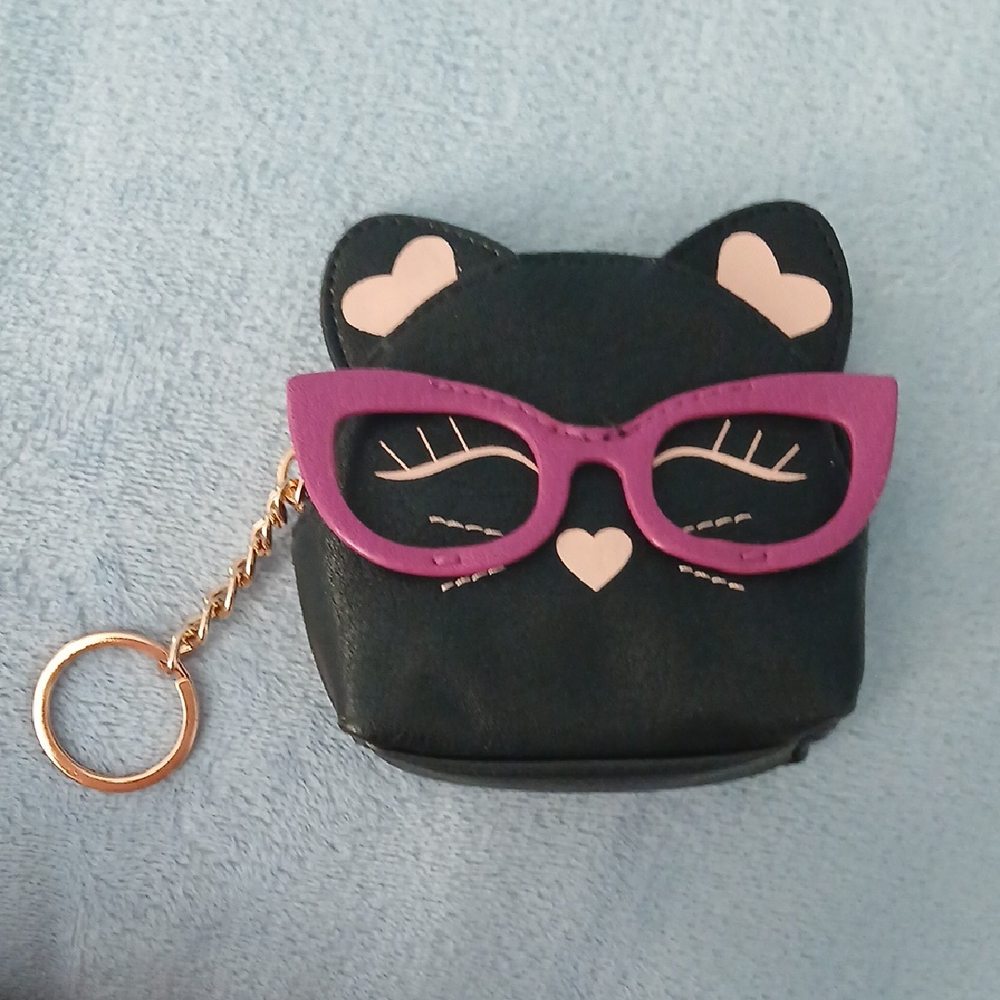 LC Lauren Conrad Black Cat Coin Purse with Pink Glasses